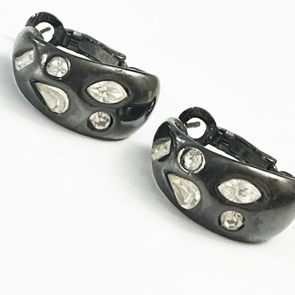 Goldette Vintage Black & Rhinestone Hoop Earrings - Picture 2 of 5